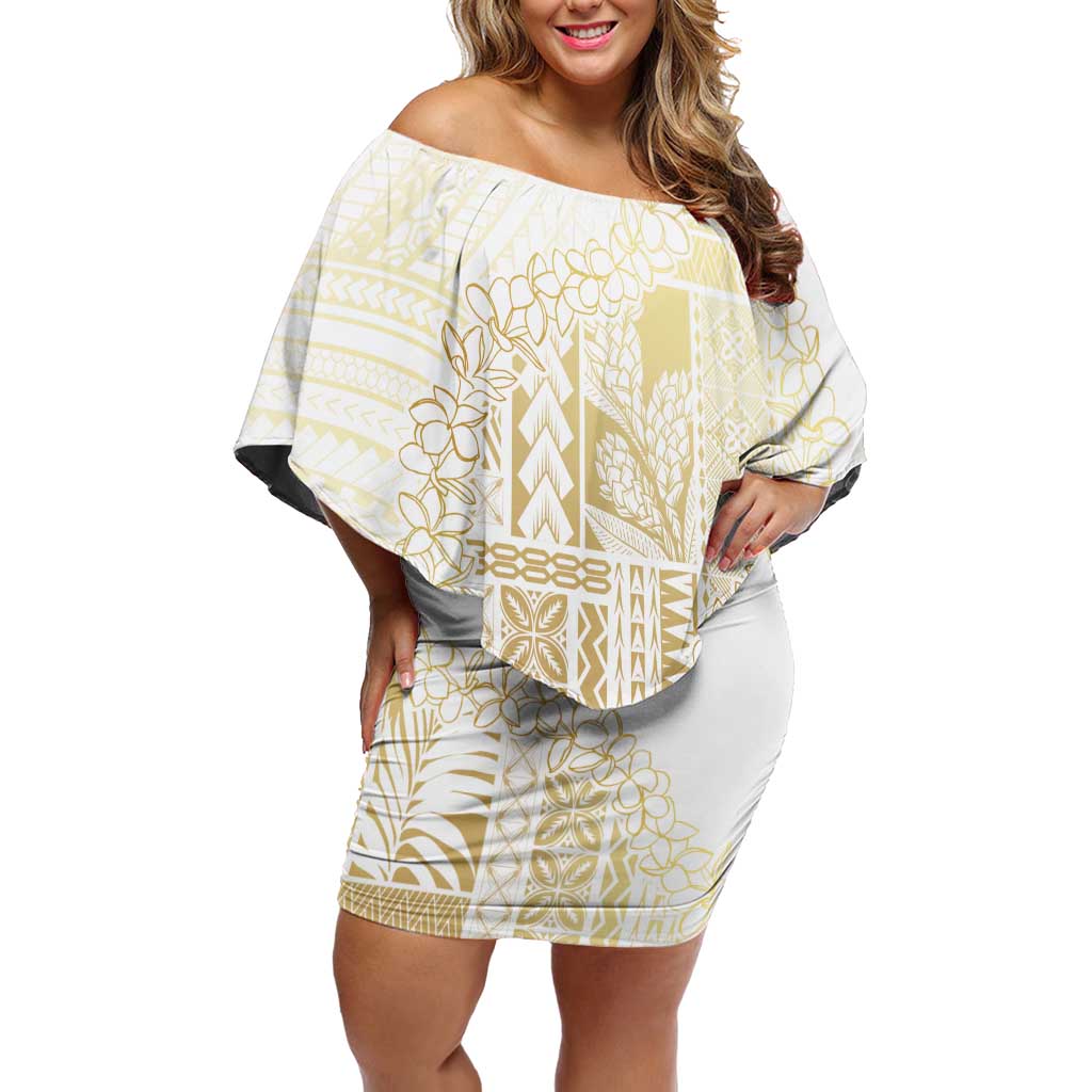 Samoa Lotu Tamaiti Mamanu Siapo Family Matching Off Shoulder Short Dress and Hawaiian Shirt Golden Plumeria - Polynesian Pride
