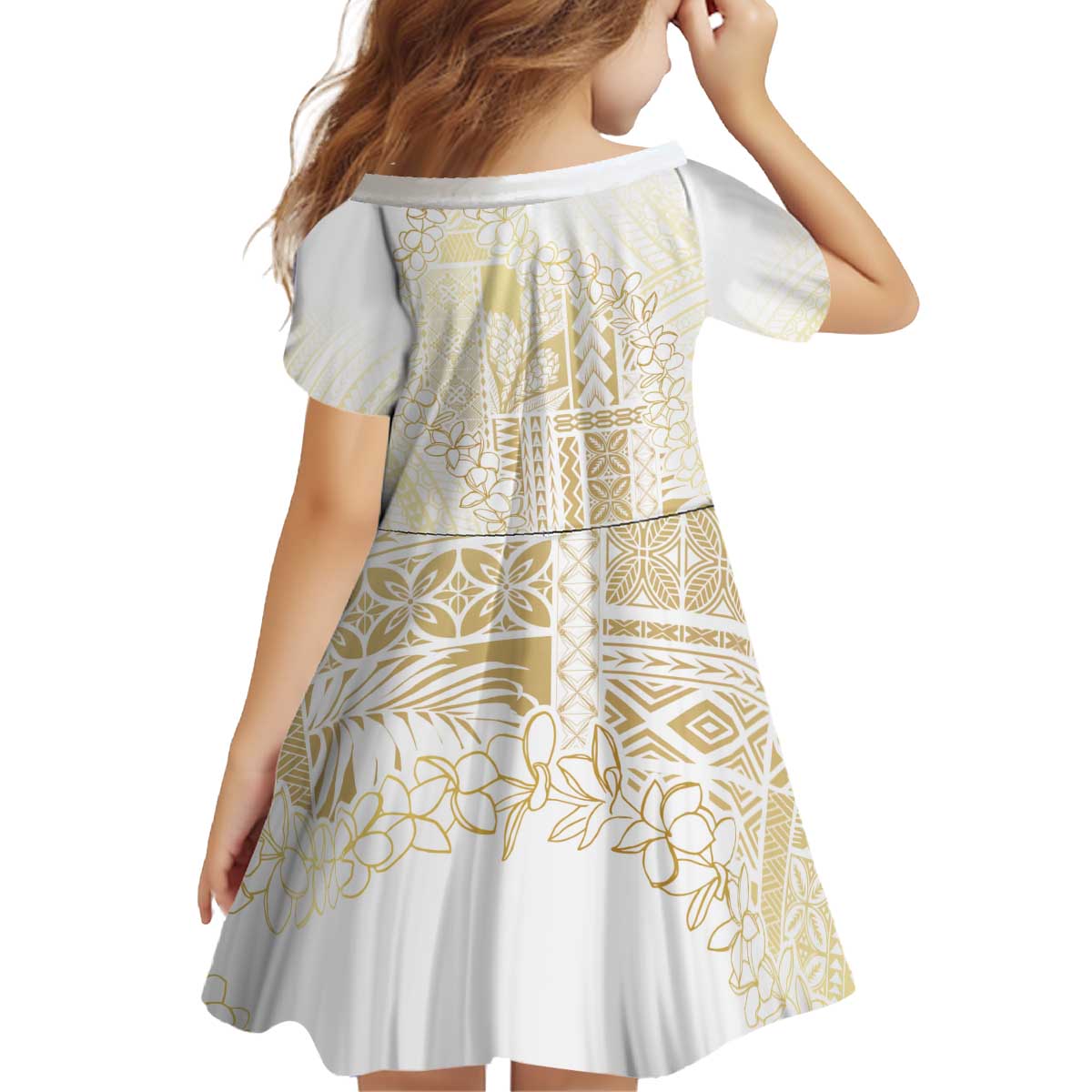 Samoa Lotu Tamaiti Mamanu Siapo Kid Short Sleeve Dress Golden Plumeria - Polynesian Pride