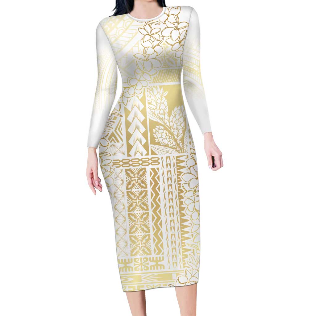 Samoa Lotu Tamaiti Mamanu Siapo Long Sleeve Bodycon Dress Golden Plumeria - Polynesian Pride