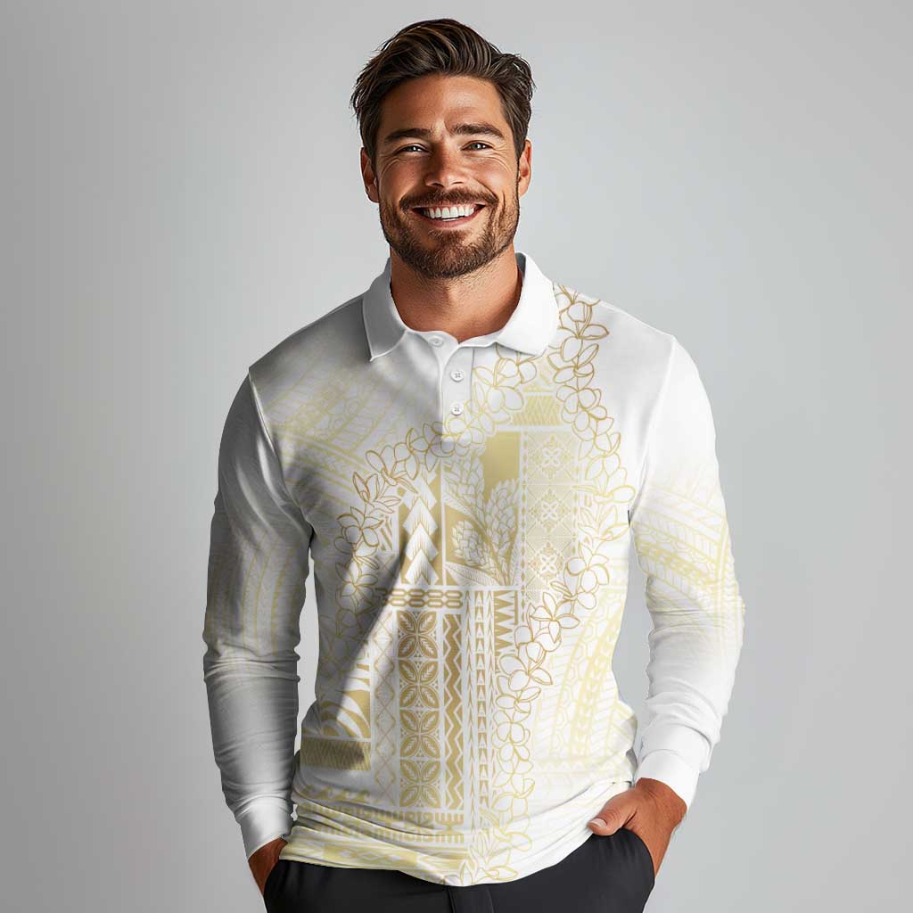 Samoa Lotu Tamaiti Mamanu Siapo Long Sleeve Polo Shirt Golden Plumeria - Polynesian Pride