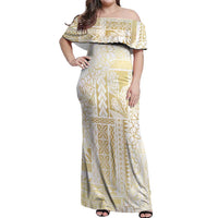 Samoa Lotu Tamaiti Mamanu Siapo Off Shoulder Maxi Dress Golden Plumeria - Polynesian Pride