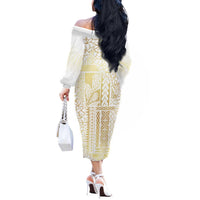 Samoa Lotu Tamaiti Mamanu Siapo Off The Shoulder Long Sleeve Dress Golden Plumeria - Polynesian Pride