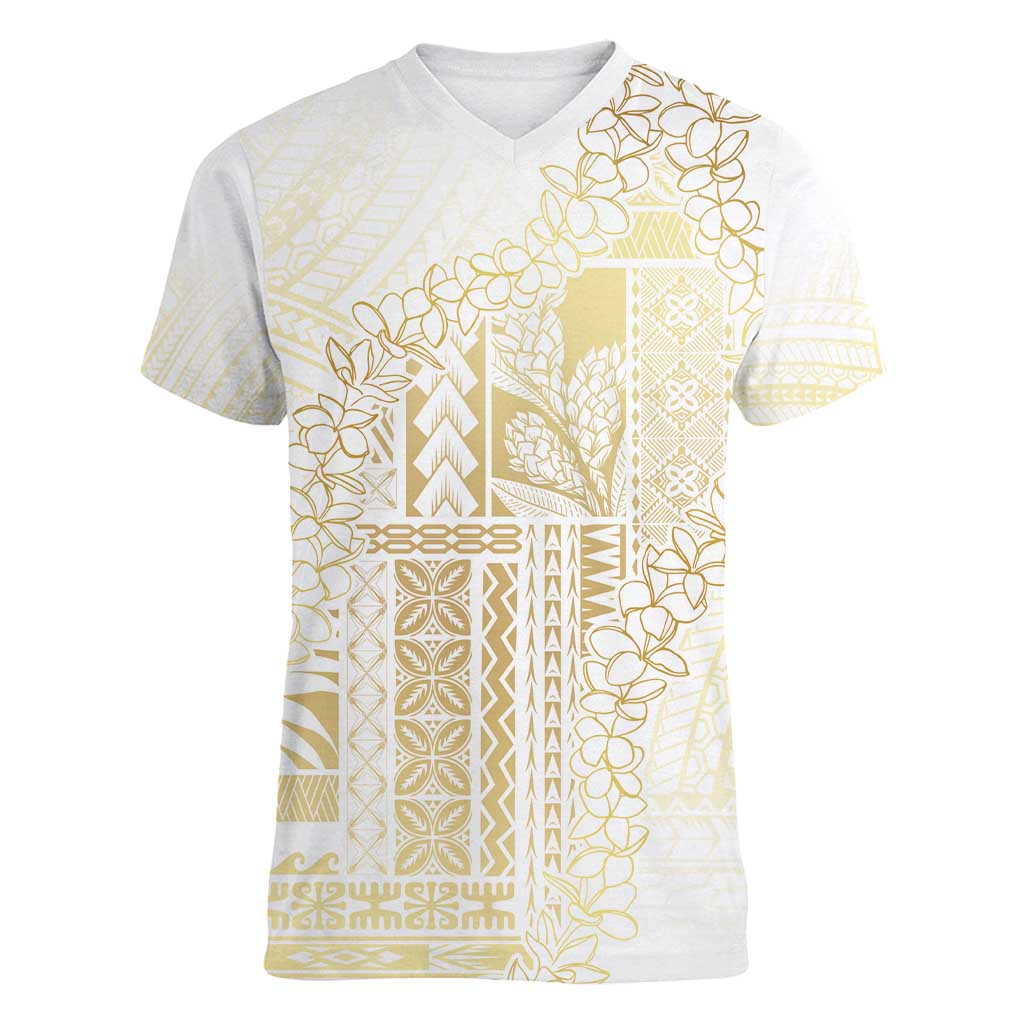 Samoa Lotu Tamaiti Mamanu Siapo Women V-Neck T-Shirt Golden Plumeria - Polynesian Pride