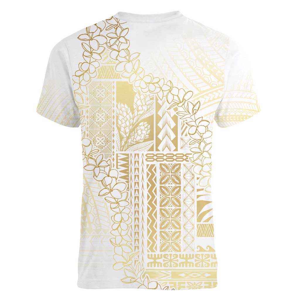 Samoa Lotu Tamaiti Mamanu Siapo Women V-Neck T-Shirt Golden Plumeria - Polynesian Pride
