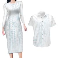 Samoa Lotu Tamaiti Mamanu Siapo Couples Matching Long Sleeve Bodycon Dress and Hawaiian Shirt Off White Plumeria - Polynesian Pride