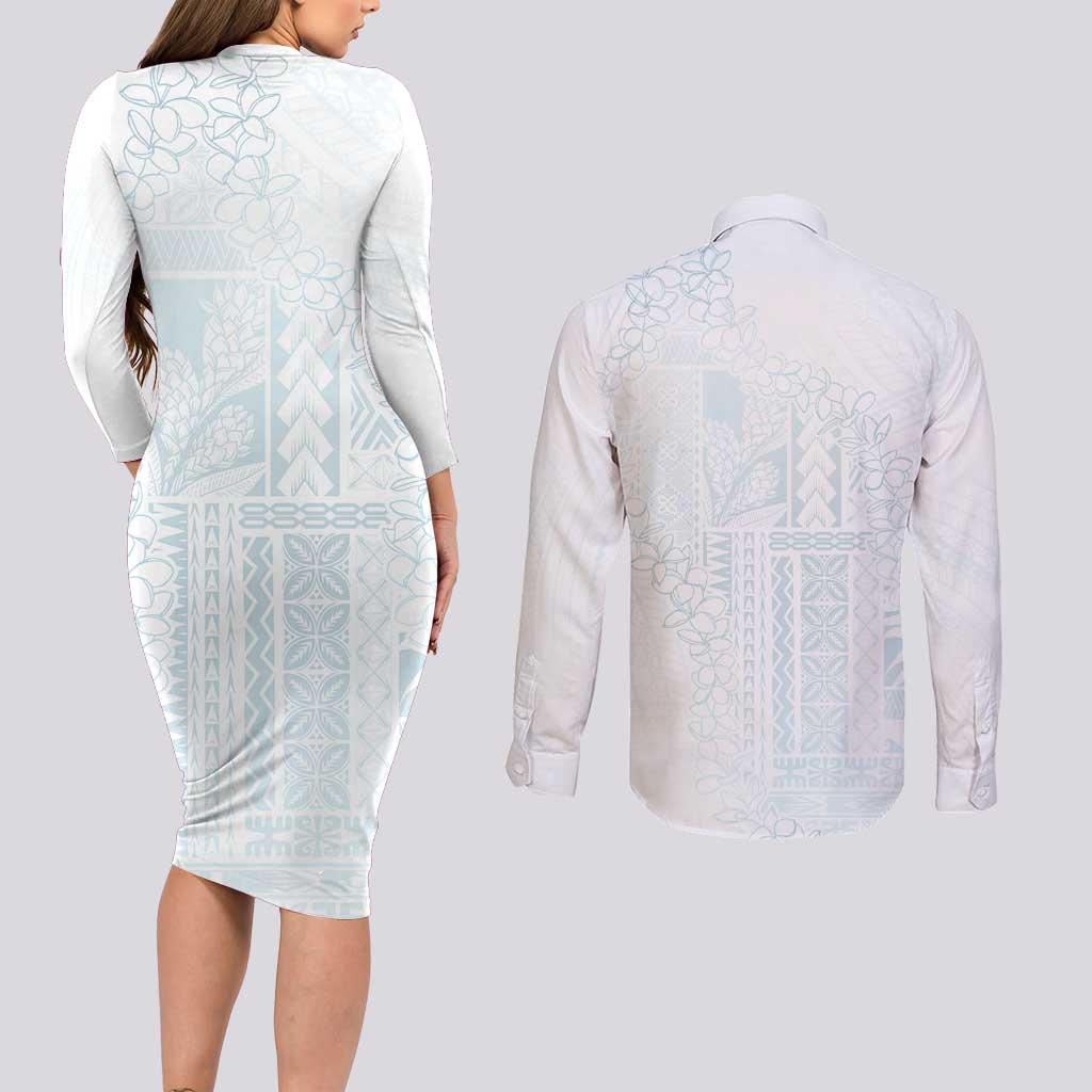 Samoa Lotu Tamaiti Mamanu Siapo Couples Matching Long Sleeve Bodycon Dress and Long Sleeve Button Shirt Off White Plumeria - Polynesian Pride