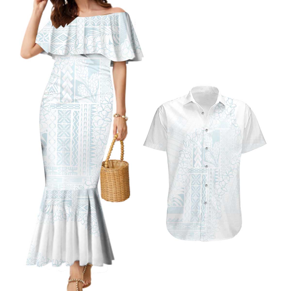 Samoa Lotu Tamaiti Mamanu Siapo Couples Matching Mermaid Dress and Hawaiian Shirt Off White Plumeria - Polynesian Pride