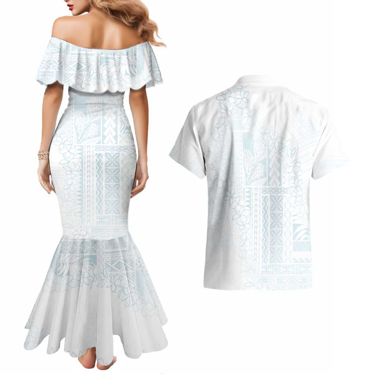 Samoa Lotu Tamaiti Mamanu Siapo Couples Matching Mermaid Dress and Hawaiian Shirt Off White Plumeria - Polynesian Pride