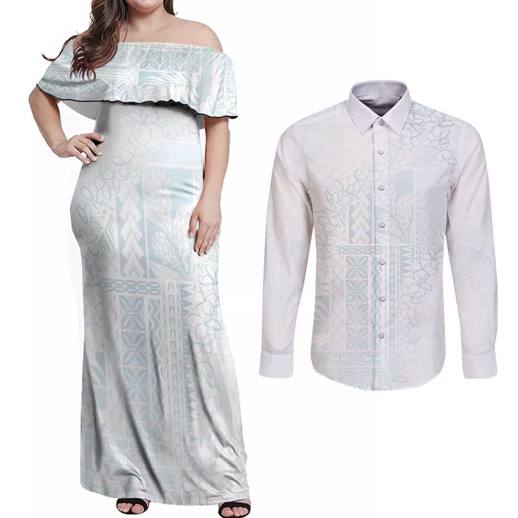 Samoa Lotu Tamaiti Mamanu Siapo Couples Matching Off Shoulder Maxi Dress and Long Sleeve Button Shirt Off White Plumeria - Polynesian Pride