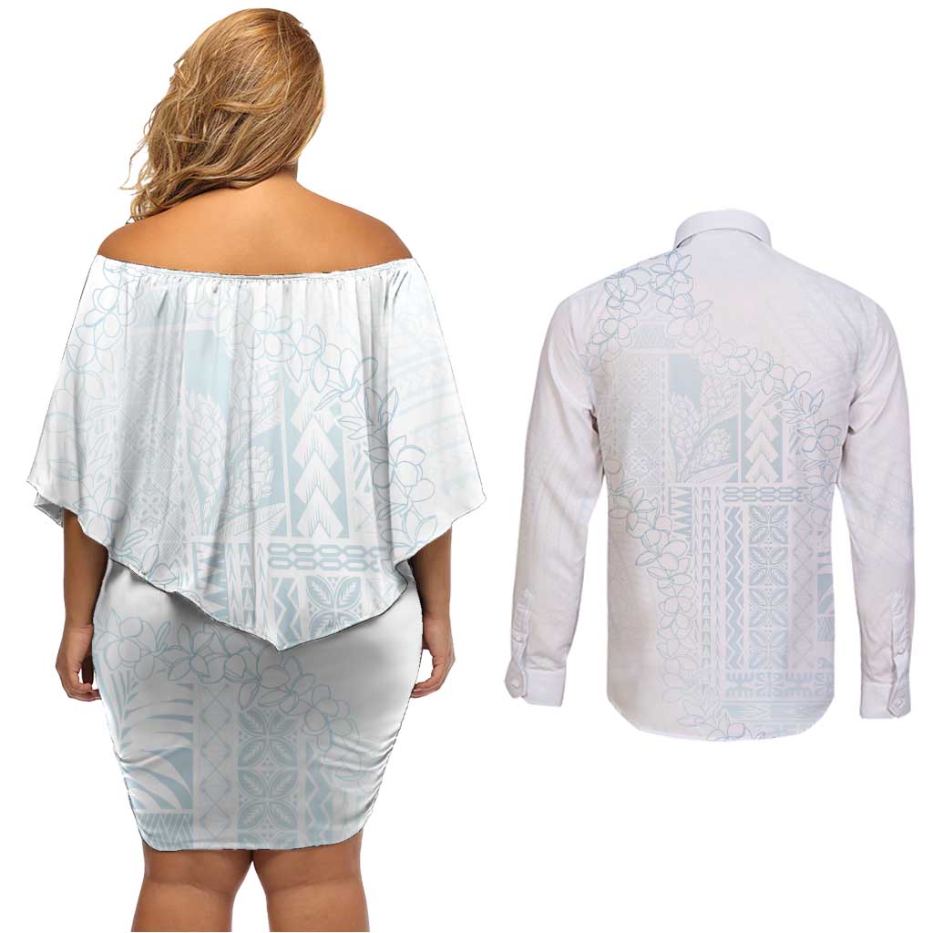 Samoa Lotu Tamaiti Mamanu Siapo Couples Matching Off Shoulder Short Dress and Long Sleeve Button Shirt Off White Plumeria - Polynesian Pride
