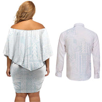 Samoa Lotu Tamaiti Mamanu Siapo Couples Matching Off Shoulder Short Dress and Long Sleeve Button Shirt Off White Plumeria - Polynesian Pride