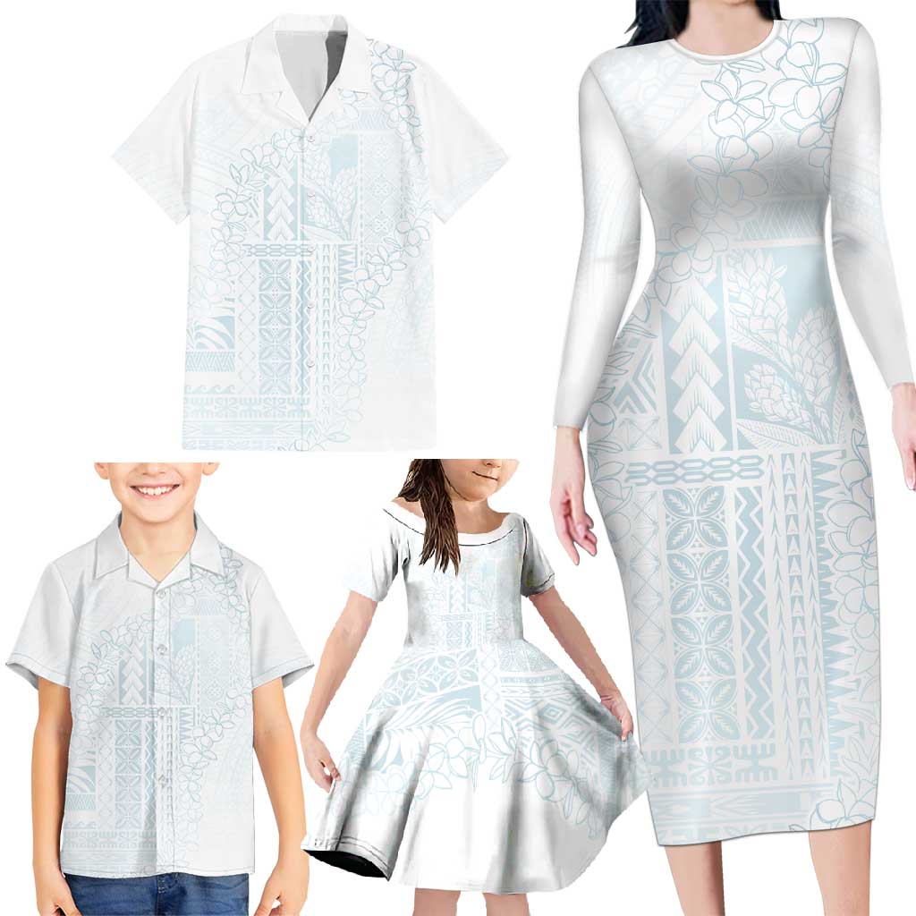 Samoa Lotu Tamaiti Mamanu Siapo Family Matching Long Sleeve Bodycon Dress and Hawaiian Shirt Off White Plumeria - Polynesian Pride