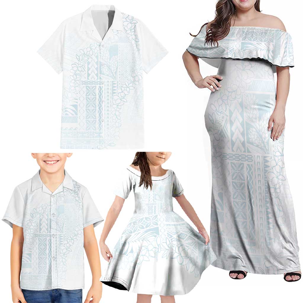 Samoa Lotu Tamaiti Mamanu Siapo Family Matching Off Shoulder Maxi Dress and Hawaiian Shirt Off White Plumeria - Polynesian Pride