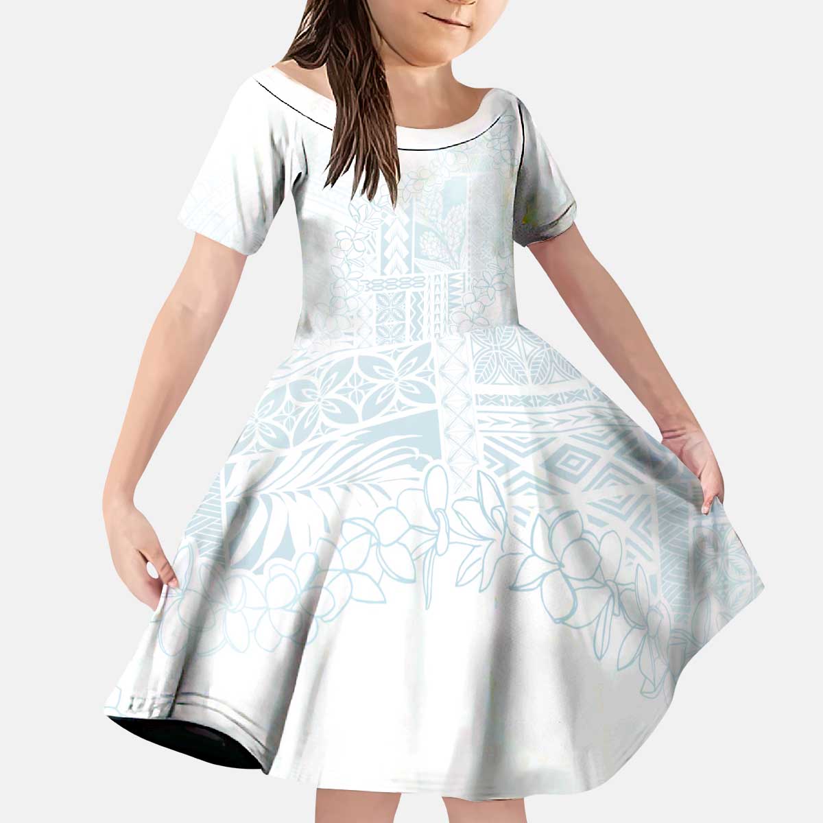 Samoa Lotu Tamaiti Mamanu Siapo Kid Short Sleeve Dress Off White Plumeria - Polynesian Pride