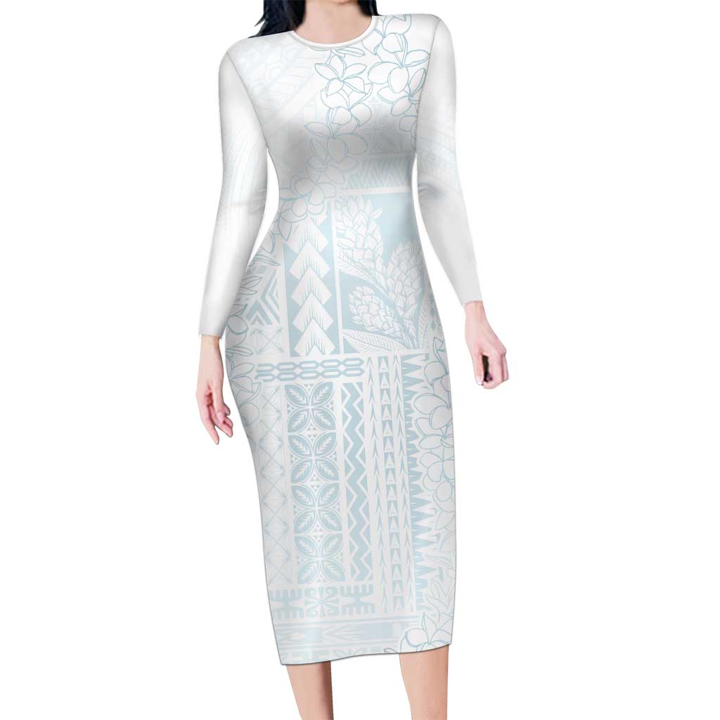 Samoa Lotu Tamaiti Mamanu Siapo Long Sleeve Bodycon Dress Off White Plumeria - Polynesian Pride