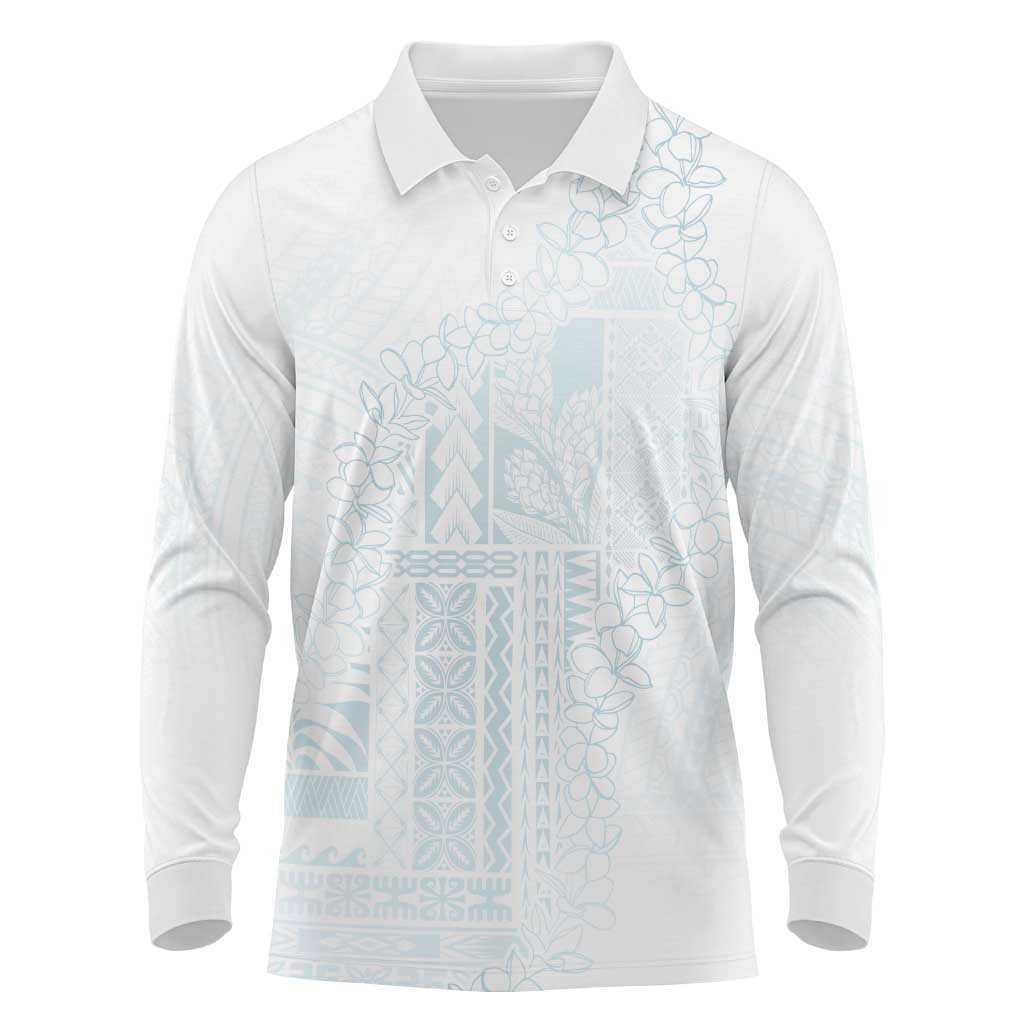 Samoa Lotu Tamaiti Mamanu Siapo Long Sleeve Polo Shirt Off White Plumeria - Polynesian Pride