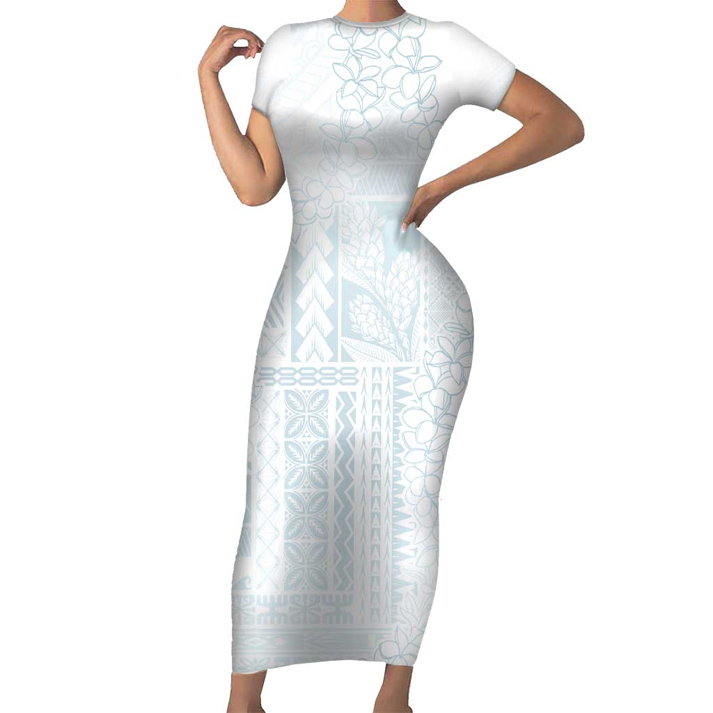 Samoa Lotu Tamaiti Mamanu Siapo Short Sleeve Bodycon Dress Off White Plumeria - Polynesian Pride