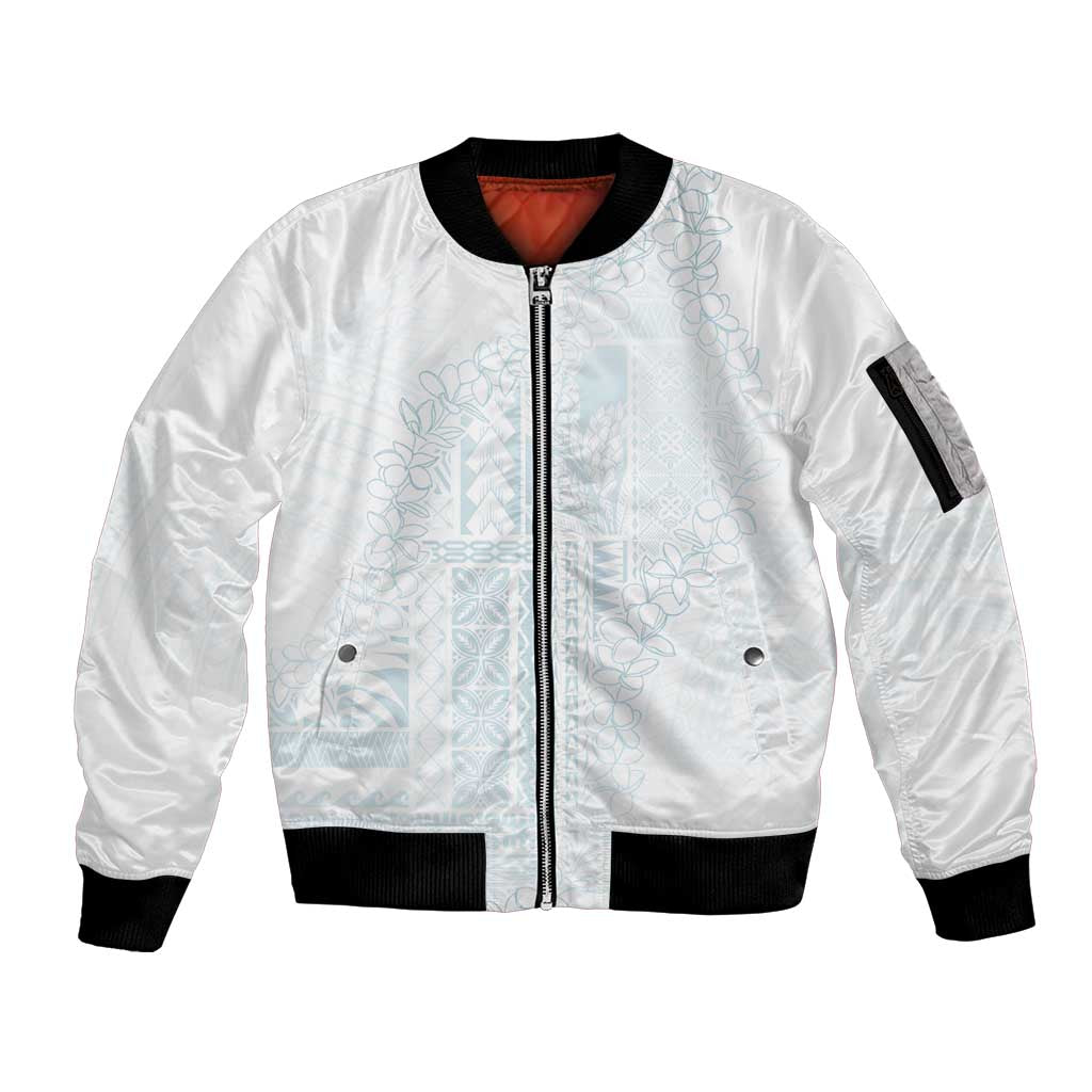 Samoa Lotu Tamaiti Mamanu Siapo Sleeve Zip Bomber Jacket Off White Plumeria - Polynesian Pride