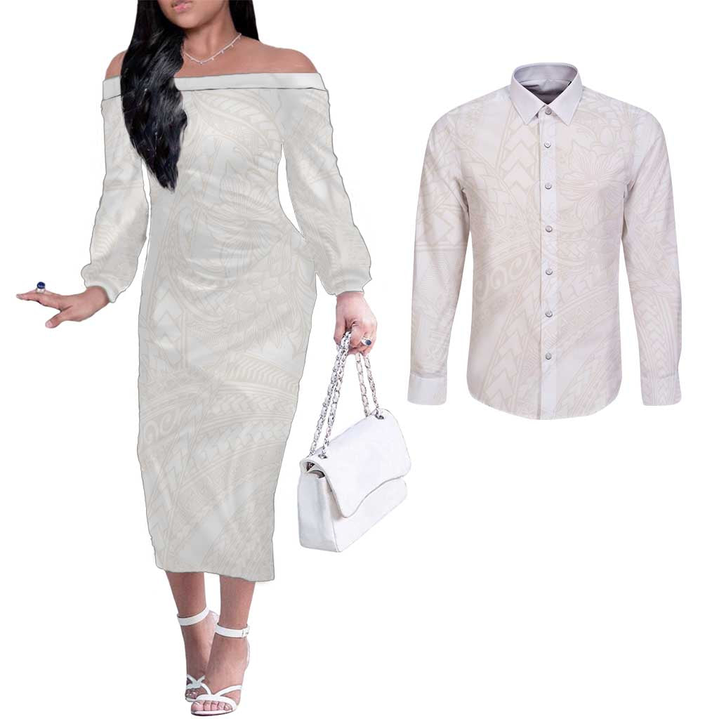 Samoa Lotu Tamaiti Ivory Couples Matching Off The Shoulder Long Sleeve Dress and Long Sleeve Button Shirt Teuila Tatau - Polynesian Pride
