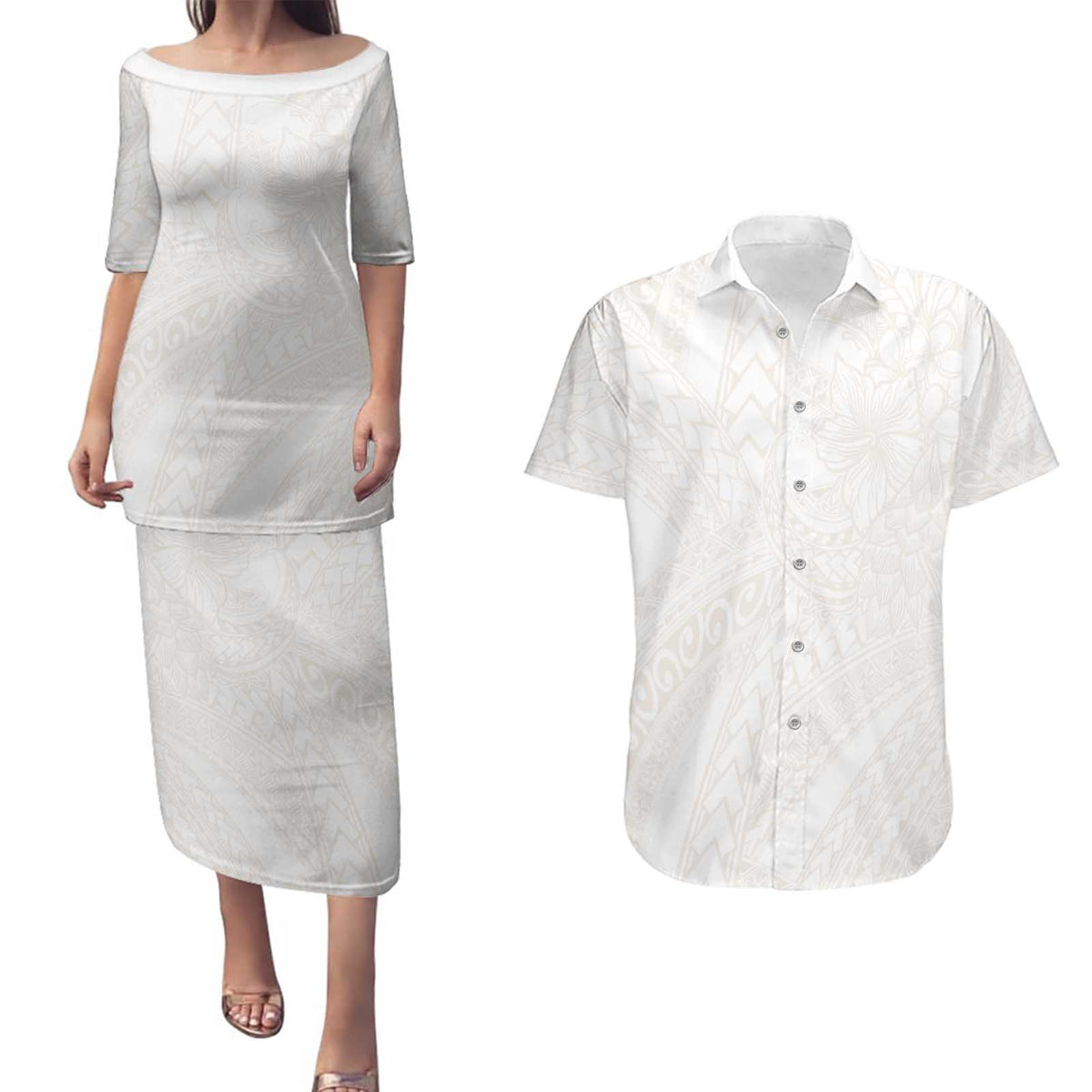 Samoa Lotu Tamaiti Ivory Couples Matching Puletasi and Hawaiian Shirt Teuila Tatau - Polynesian Pride