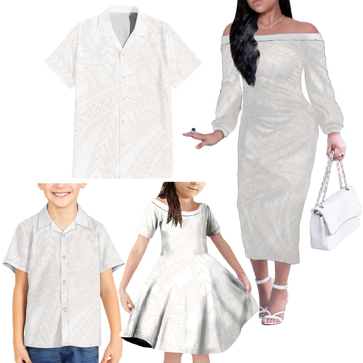 Samoa Lotu Tamaiti Ivory Family Matching Off The Shoulder Long Sleeve Dress and Hawaiian Shirt Teuila Tatau - Polynesian Pride