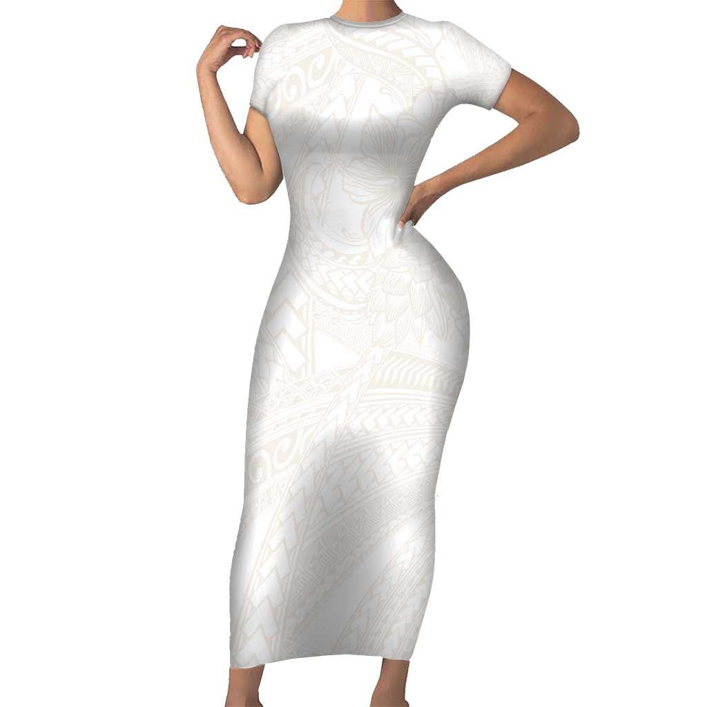 Samoa Lotu Tamaiti Ivory Short Sleeve Bodycon Dress Teuila Tatau LT7 Long Dress Ivory - Polynesian Pride