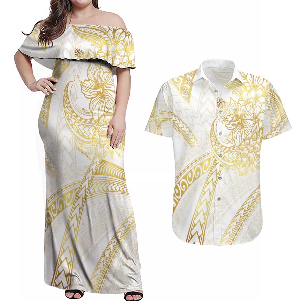 Samoa Lotu Tamaiti Gold Couples Matching Off Shoulder Maxi Dress and Hawaiian Shirt Teuila Tatau - Polynesian Pride