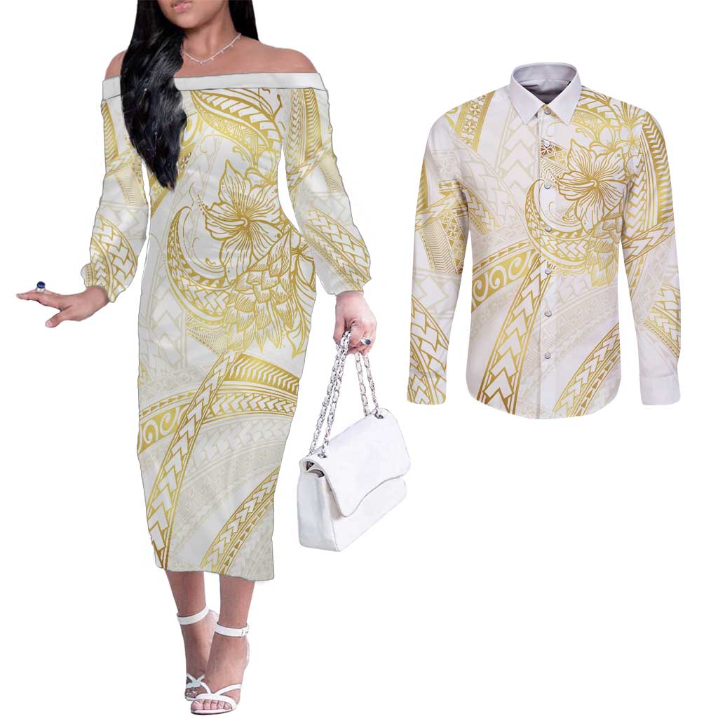 Samoa Lotu Tamaiti Gold Couples Matching Off The Shoulder Long Sleeve Dress and Long Sleeve Button Shirt Teuila Tatau - Polynesian Pride
