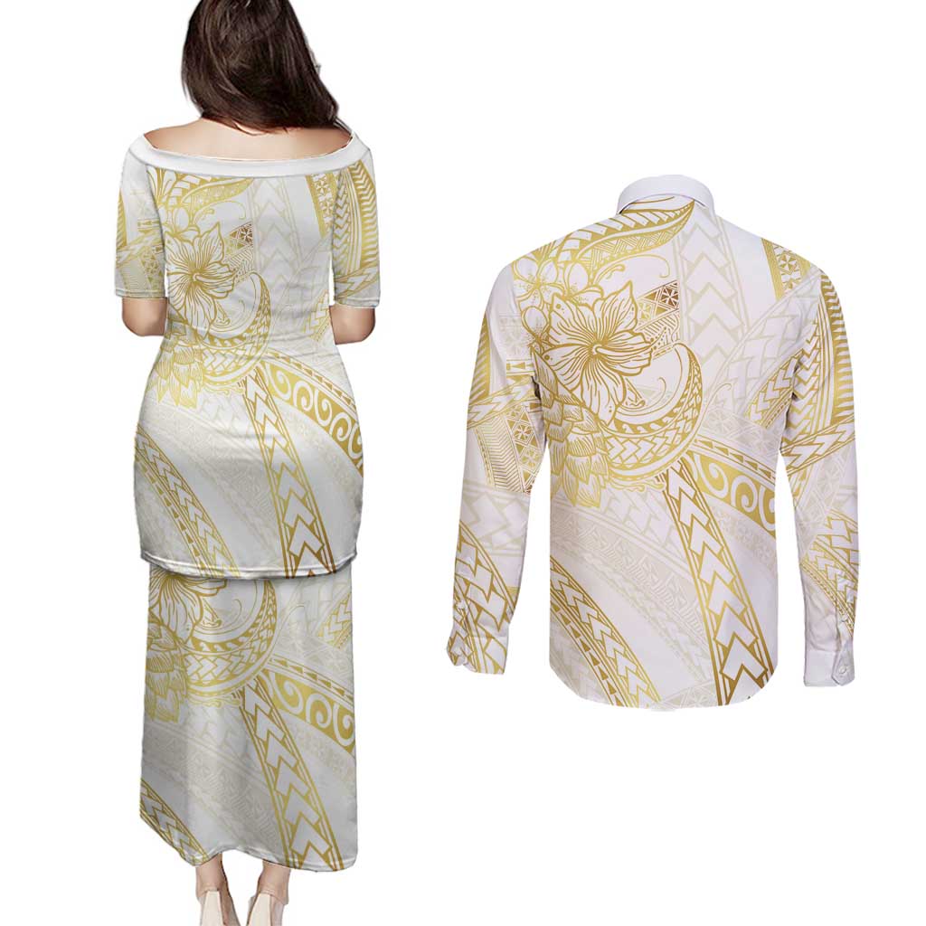 Samoa Lotu Tamaiti Gold Couples Matching Puletasi and Long Sleeve Button Shirt Teuila Tatau - Polynesian Pride