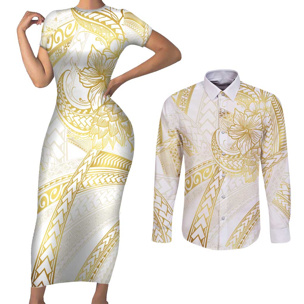 Samoa Lotu Tamaiti Gold Couples Matching Short Sleeve Bodycon Dress and Long Sleeve Button Shirt Teuila Tatau - Polynesian Pride