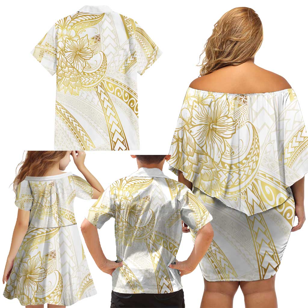 Samoa Lotu Tamaiti Gold Family Matching Off Shoulder Short Dress and Hawaiian Shirt Teuila Tatau - Polynesian Pride