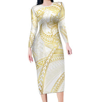 Samoa Lotu Tamaiti Gold Long Sleeve Bodycon Dress Teuila Tatau - Polynesian Pride