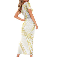 Samoa Lotu Tamaiti Gold Short Sleeve Bodycon Dress Teuila Tatau LT7 - Polynesian Pride