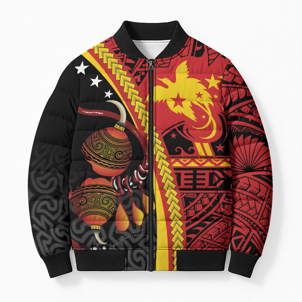 Papua New Guinea Independence Personalised Bomber Puffer Jacket PNG Bagi and Lime Pot LT7 Unisex Black - Polynesian Pride