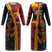 Papua New Guinea Independence Personalised Family Matching Long Sleeve Bodycon Dress and Hawaiian Shirt PNG Bagi and Lime Pot LT7 Mom's Dress Black - Polynesian Pride