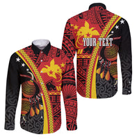 Papua New Guinea Independence Personalised Family Matching Off Shoulder Short Dress and Hawaiian Shirt PNG Bagi and Lime Pot LT7 Dad's Shirt - Long Sleeve Black - Polynesian Pride