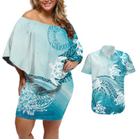 Polynesia Turtle Couples Matching Off Shoulder Short Dress and Hawaiian Shirt Watercolor Abstract Style