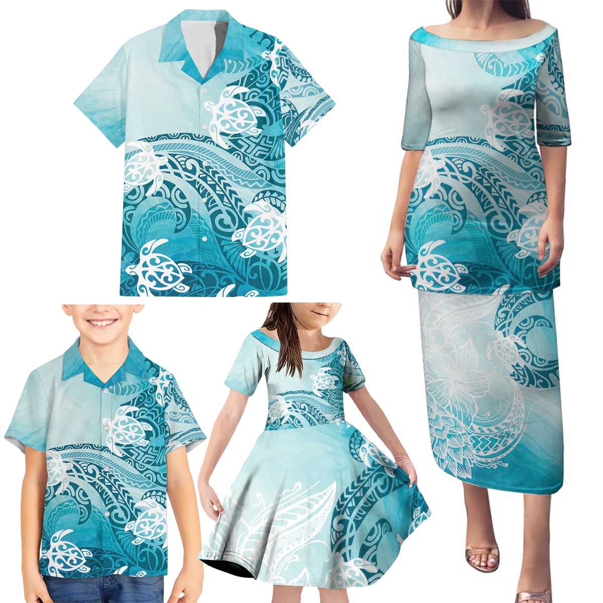 Polynesia Turtle Family Matching Puletasi and Hawaiian Shirt Watercolor Abstract Style LT7 - Polynesian Pride