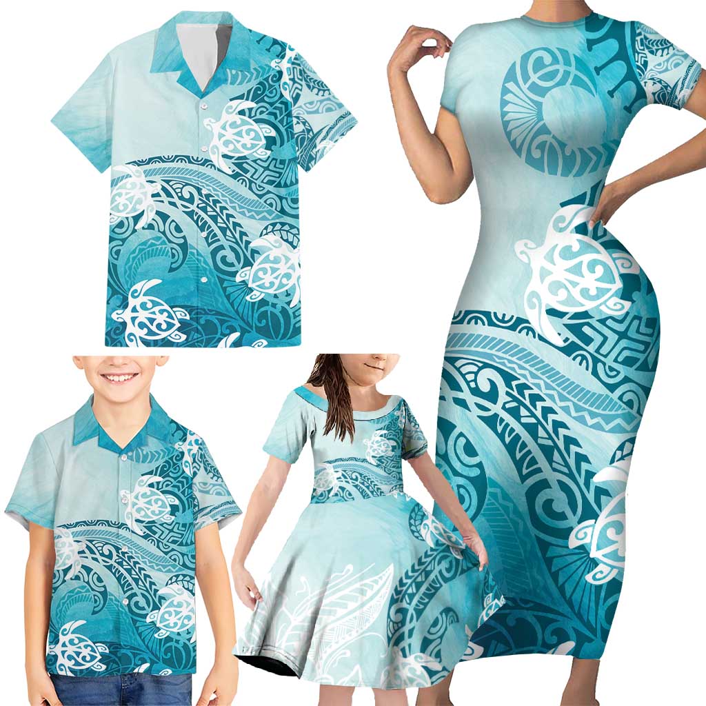 Polynesia Turtle Family Matching Short Sleeve Bodycon Dress and Hawaiian Shirt Watercolor Abstract Style LT7 - Polynesian Pride