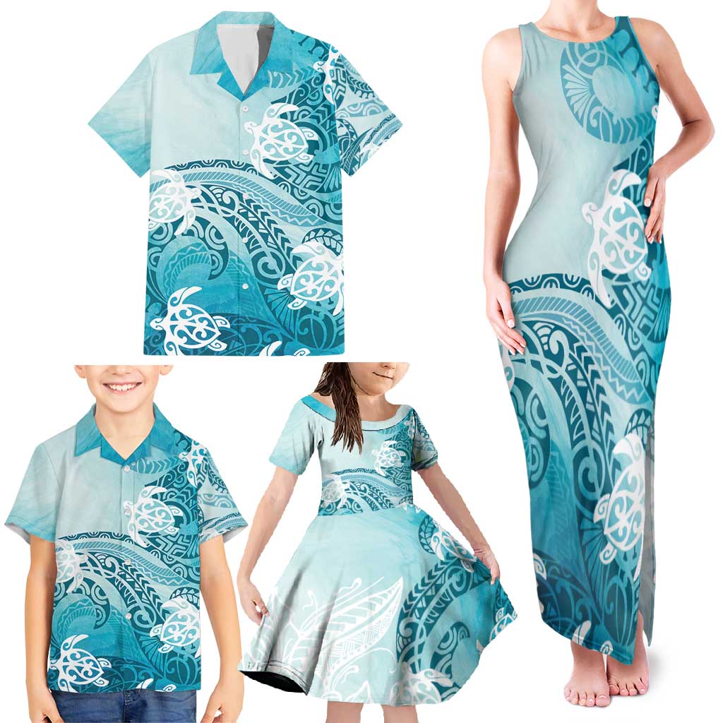 Polynesia Turtle Family Matching Tank Maxi Dress and Hawaiian Shirt Watercolor Abstract Style