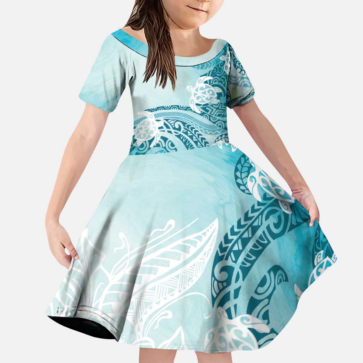 Polynesia Turtle Kid Short Sleeve Dress Watercolor Abstract Style