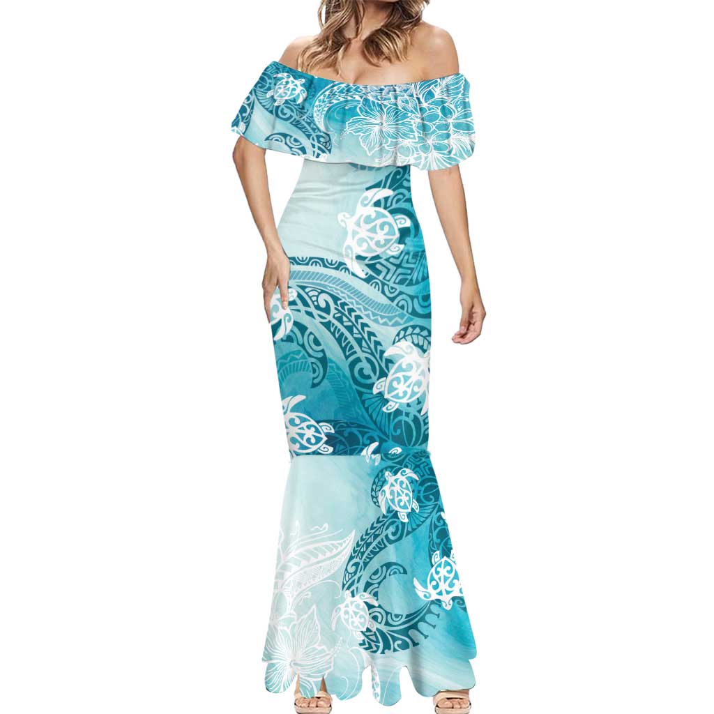 Polynesia Turtle Mermaid Dress Watercolor Abstract Style