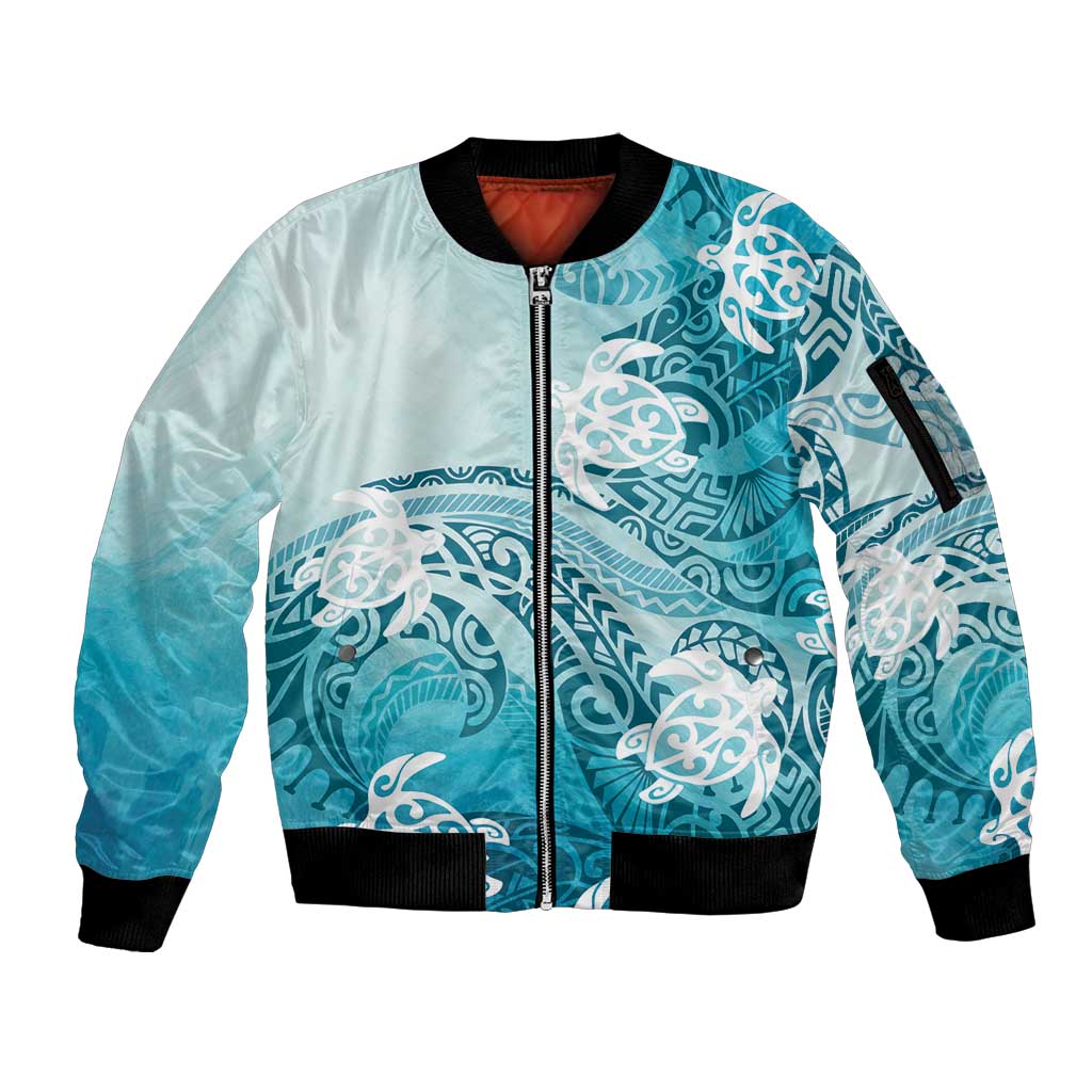Polynesia Turtle Sleeve Zip Bomber Jacket Watercolor Abstract Style LT7 Unisex Blue - Polynesian Pride