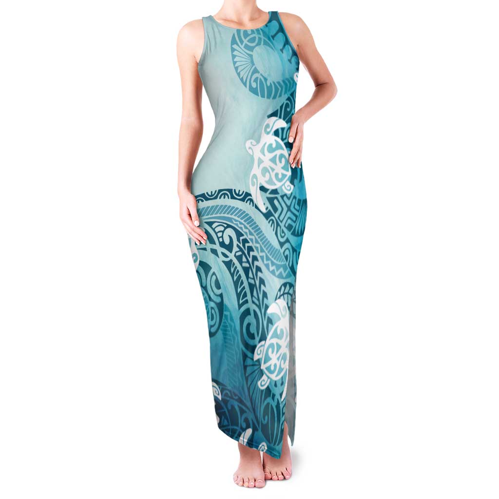 Polynesia Turtle Tank Maxi Dress Watercolor Abstract Style