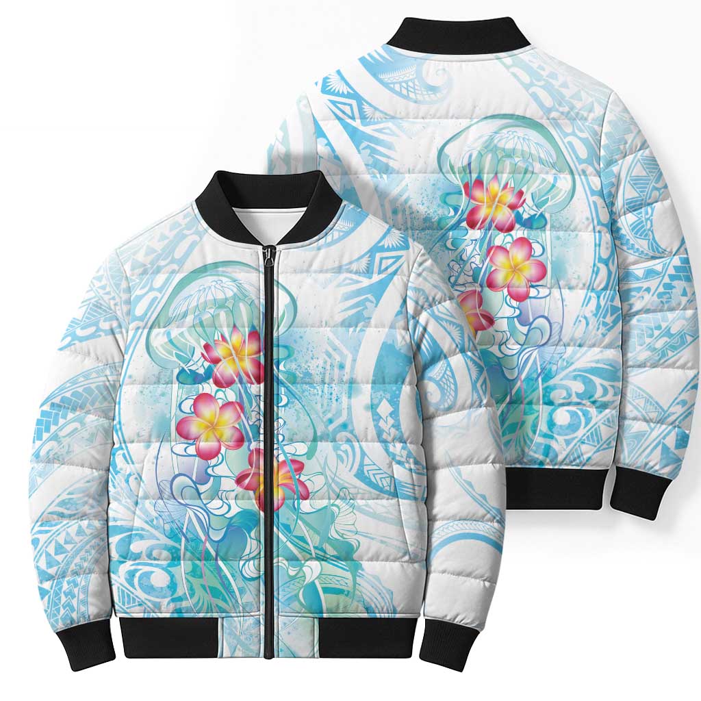 Sea Blue Polynesian Jellyfish Bomber Puffer Jacket Watercolor Glows - Polynesian Pride