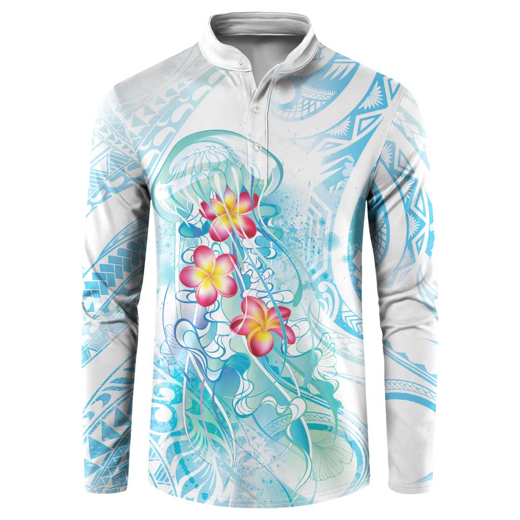 Sea Blue Polynesian Jellyfish Button Sweatshirt Watercolor Glows - Polynesian Pride