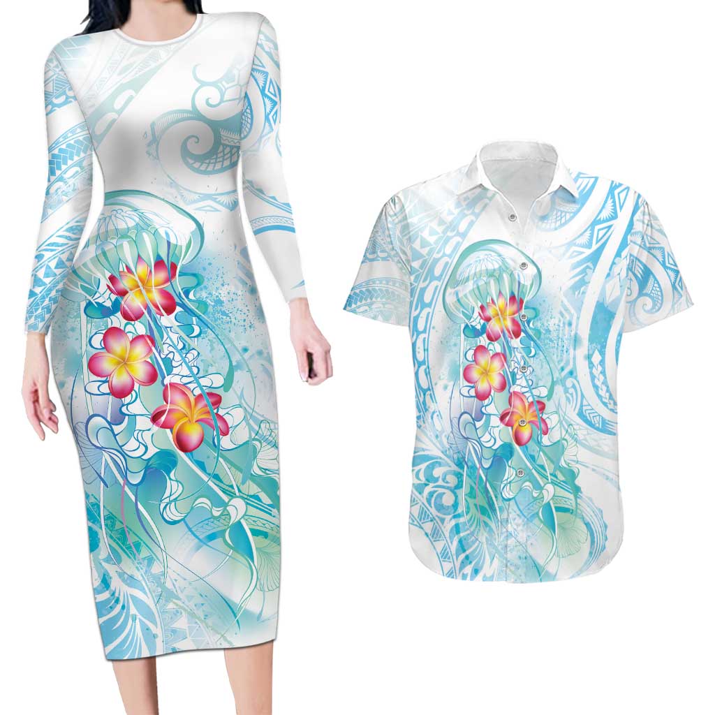 Sea Blue Polynesian Jellyfish Couples Matching Long Sleeve Bodycon Dress and Hawaiian Shirt Watercolor Glows - Polynesian Pride