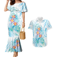 Sea Blue Polynesian Jellyfish Couples Matching Mermaid Dress and Hawaiian Shirt Watercolor Glows - Polynesian Pride