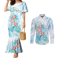 Sea Blue Polynesian Jellyfish Couples Matching Mermaid Dress and Long Sleeve Button Shirt Watercolor Glows - Polynesian Pride