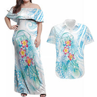 Sea Blue Polynesian Jellyfish Couples Matching Off Shoulder Maxi Dress and Hawaiian Shirt Watercolor Glows - Polynesian Pride